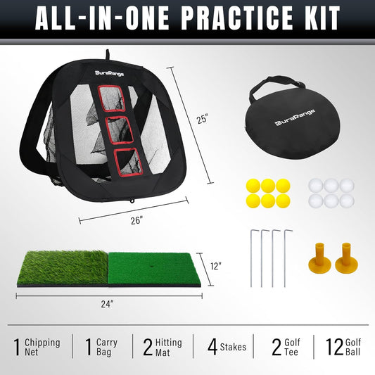 Pop-Up Golf Chipping Net with Dual Turf Hitting Mat, 6 Driving Range Golf Balls, 6 Practice Foam Balls and Tees Combo, Target Swing Training Aids Backyard | Indoor | Outdoor
