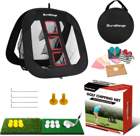Pop-Up Golf Chipping Net with Dual Turf Hitting Mat, 6 Driving Range Golf Balls, 6 Practice Foam Balls and Tees Combo, Target Swing Training Aids Backyard | Indoor | Outdoor
